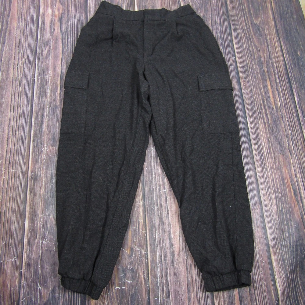A New Day Pants Womens 12 Gray Plaid Twill Jogger Elastic Cuffed Cargo Pockets